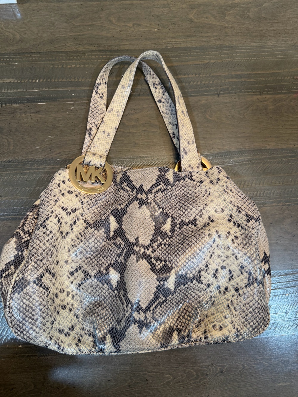 Michael Kors Beige and Black Snake-Print Tote with Gold Logo Charm